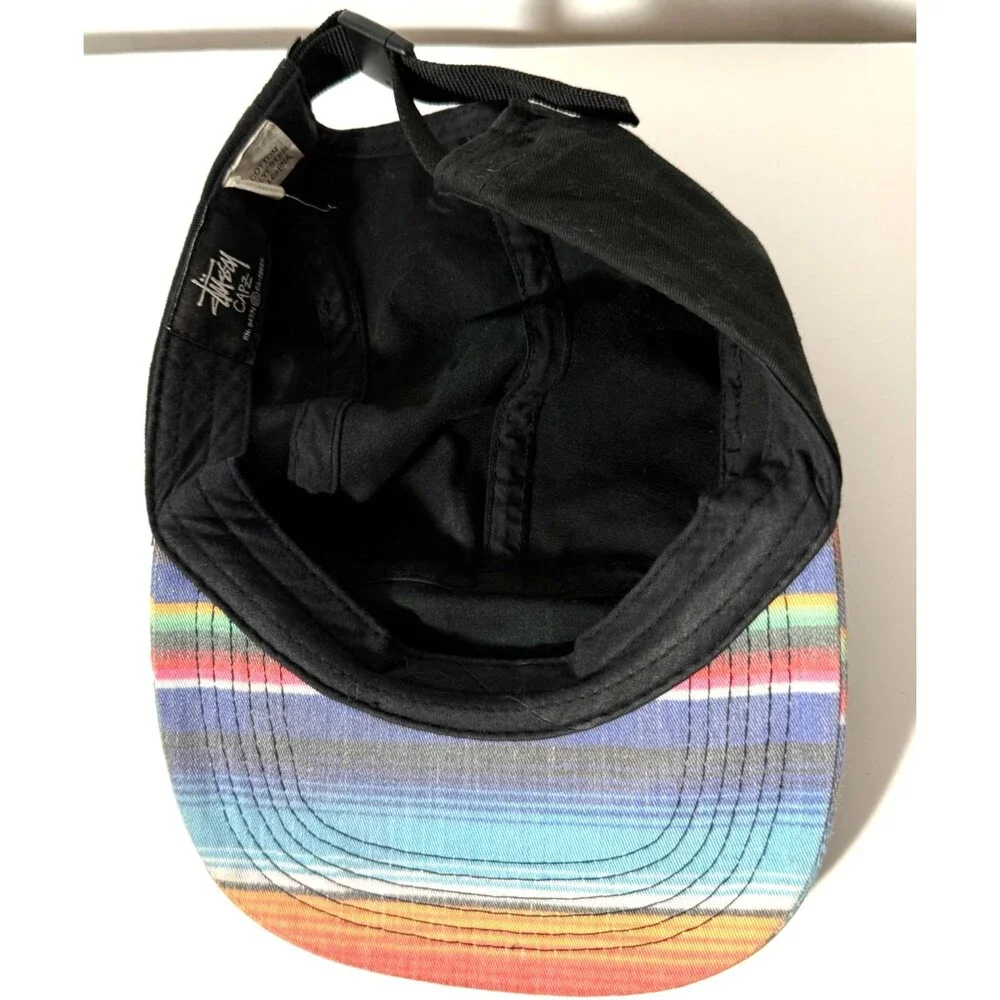 Stussy Strapback Hat Black Multicolor Stripe Brim Streetwear Cap